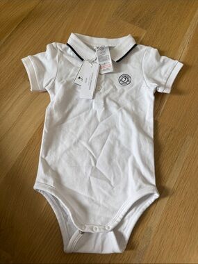 Jacadi White Polo Bodysuit with Navy Trim